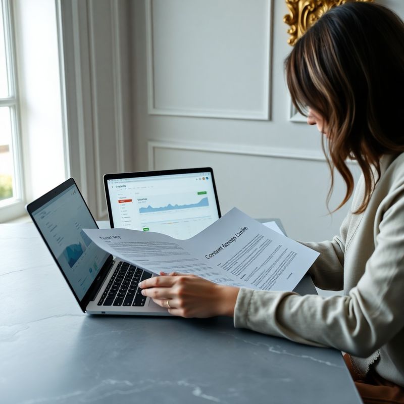 Content stratég revidující SEO briefy nad laptopem