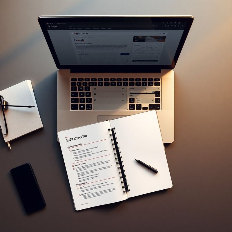 Sešit s auditní checklistou a laptop s Google Search Console